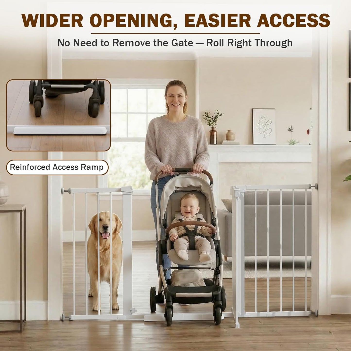 Mumeasy 29.7-57" Extra Wide Baby Gate for Doorways, Auto Close Dog Gate Indoor for Stairs, No-Drill Pressure Mounted Pet Gate with Door, Easy Walk Thru Long&Large Safety Gate for House, Outdoor, White