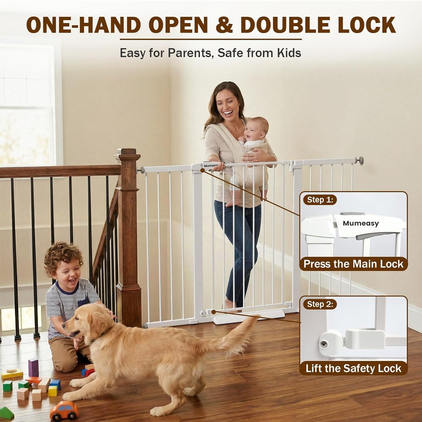 Mumeasy 29.7-57" Extra Wide Baby Gate for Doorways, Auto Close Dog Gate Indoor for Stairs, No-Drill Pressure Mounted Pet Gate with Door, Easy Walk Thru Long&Large Safety Gate for House, Outdoor, White