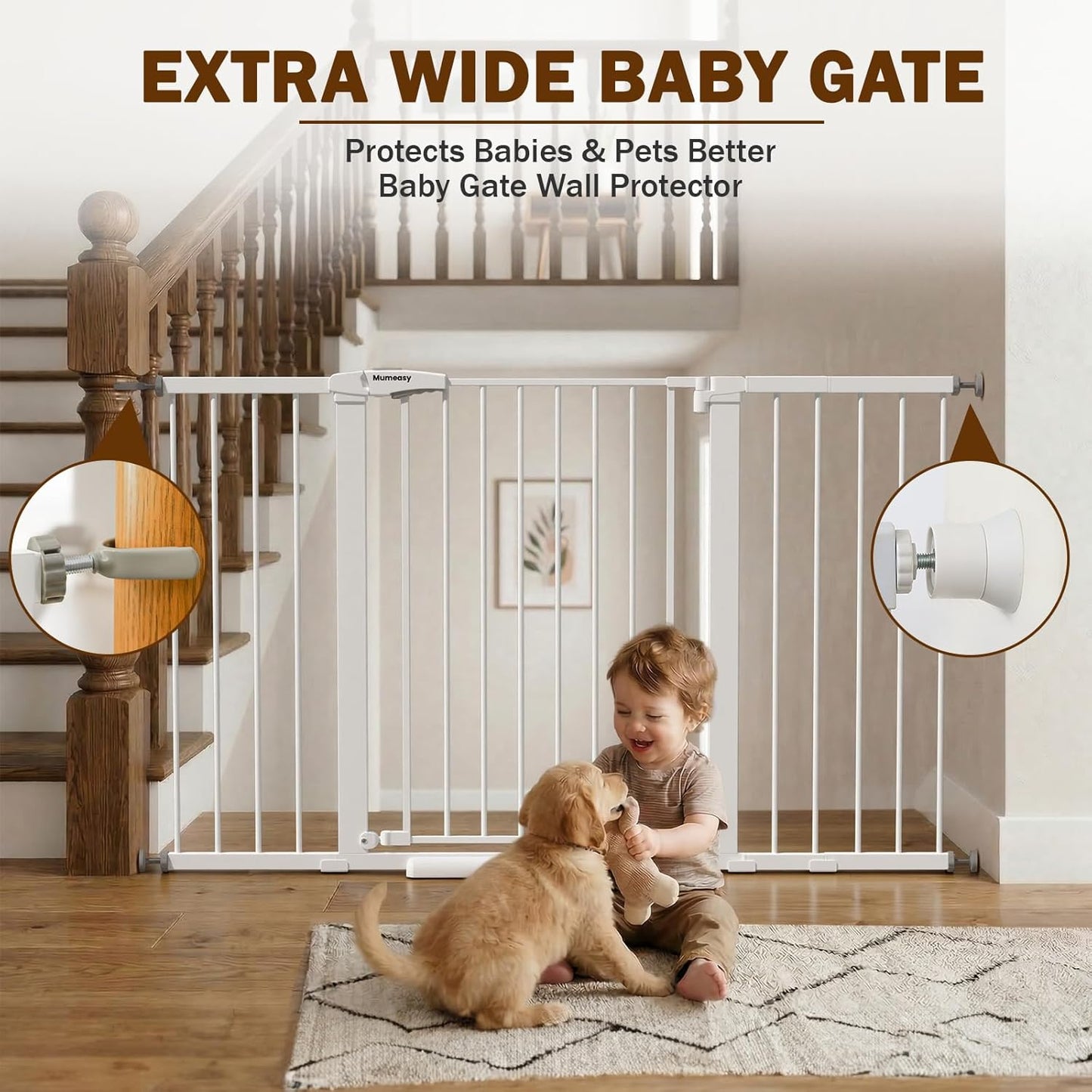 Mumeasy 29.7-57" Extra Wide Baby Gate for Doorways, Auto Close Dog Gate Indoor for Stairs, No-Drill Pressure Mounted Pet Gate with Door, Easy Walk Thru Long&Large Safety Gate for House, Outdoor, White