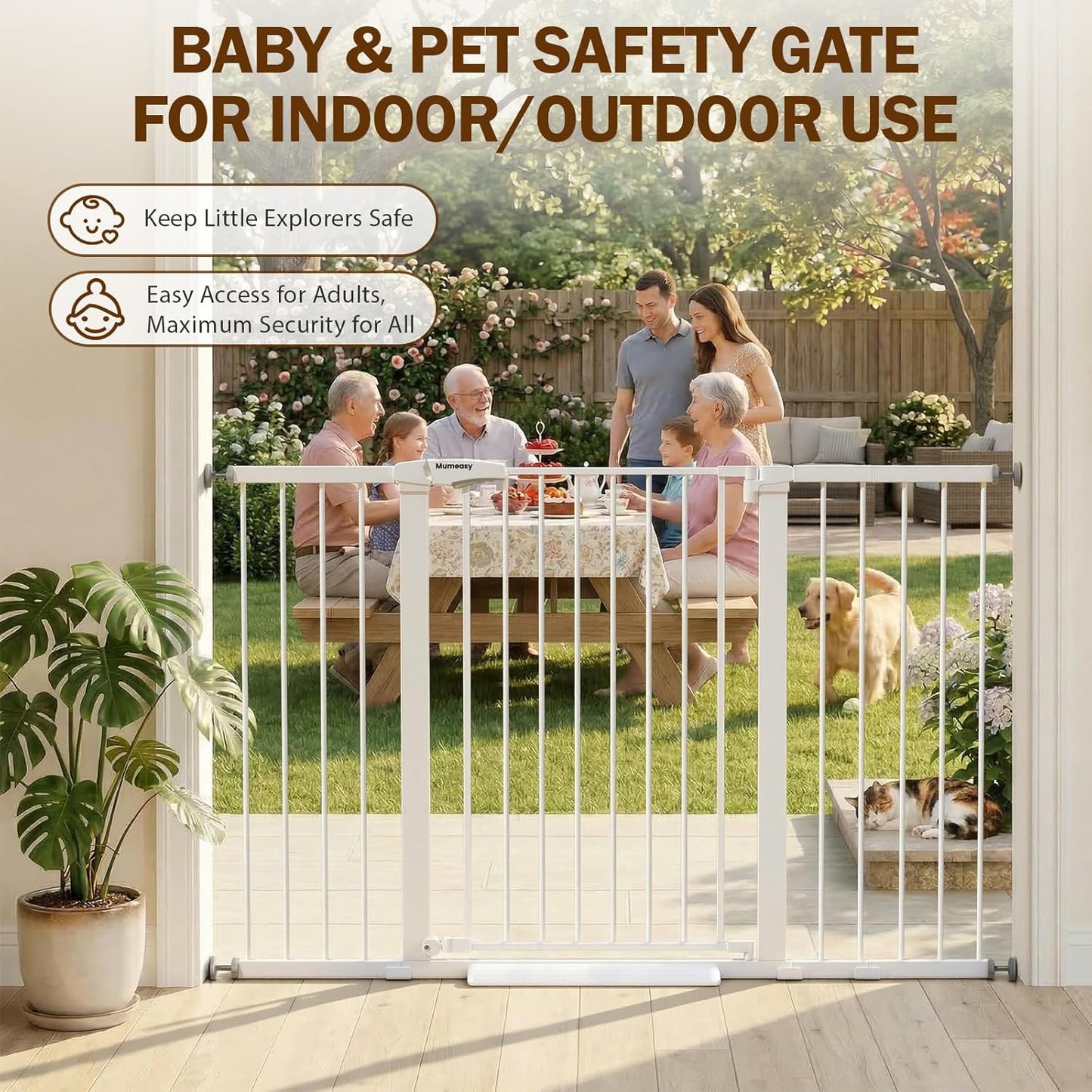 Mumeasy 29.7-57" Extra Wide Baby Gate for Doorways, Auto Close Dog Gate Indoor for Stairs, No-Drill Pressure Mounted Pet Gate with Door, Easy Walk Thru Long&Large Safety Gate for House, Outdoor, White