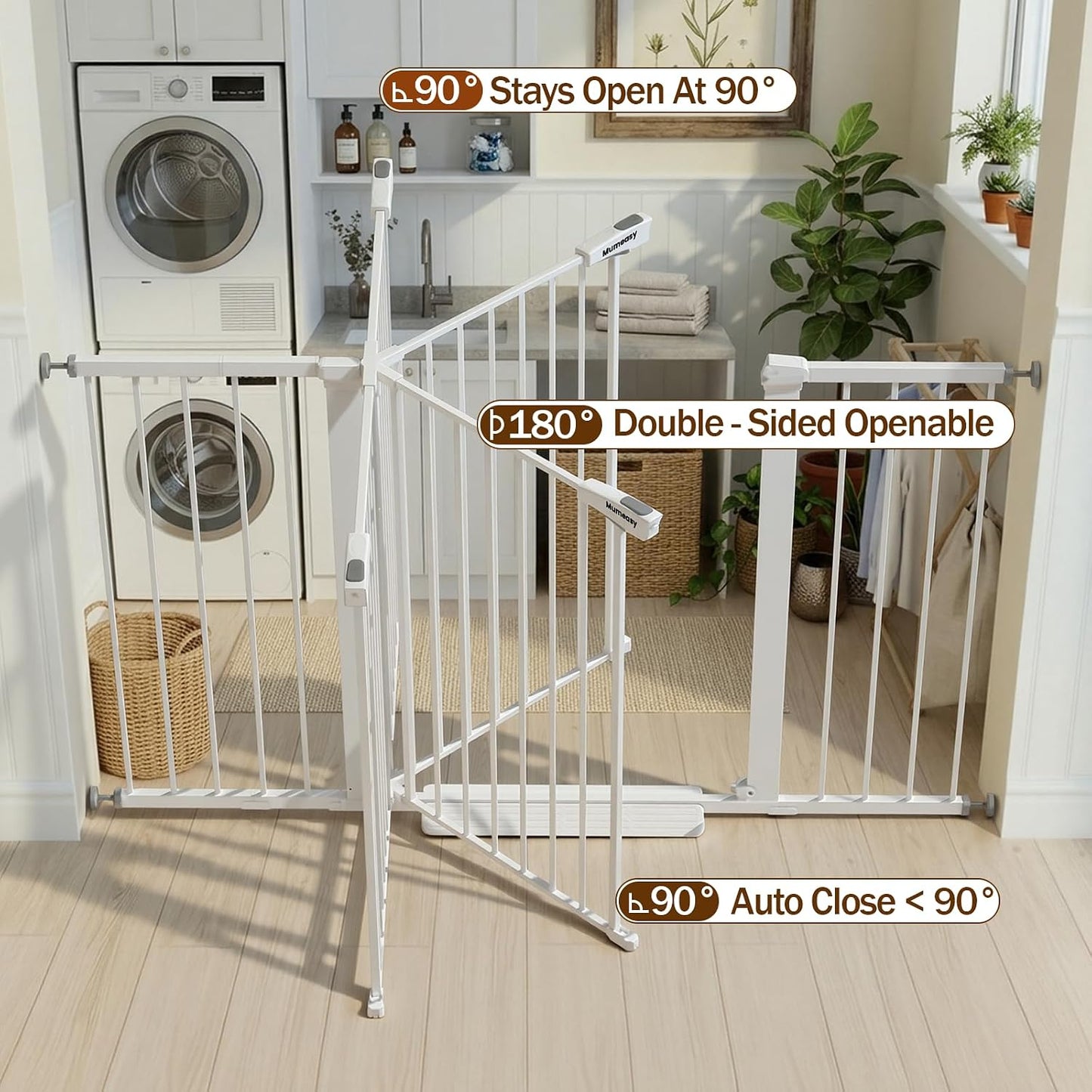 Mumeasy 29.7-57" Extra Wide Baby Gate for Doorways, Auto Close Dog Gate Indoor for Stairs, No-Drill Pressure Mounted Pet Gate with Door, Easy Walk Thru Long&Large Safety Gate for House, Outdoor, White