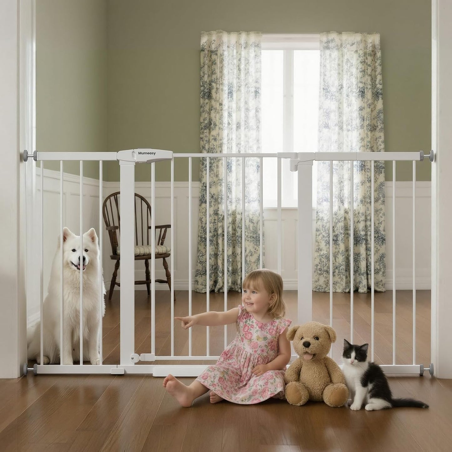Mumeasy 29.7-57" Extra Wide Baby Gate for Doorways, Auto Close Dog Gate Indoor for Stairs, No-Drill Pressure Mounted Pet Gate with Door, Easy Walk Thru Long&Large Safety Gate for House, Outdoor, White