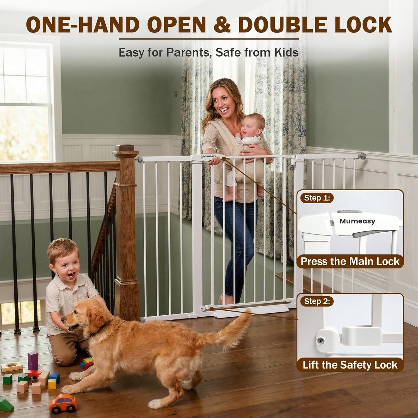 Mumeasy 29.7-57" Extra Wide Baby Gate for Doorways, Auto Close Dog Gate Indoor for Stairs, No-Drill Pressure Mounted Pet Gate with Door, Easy Walk Thru Long&Large Safety Gate for House, Outdoor, White