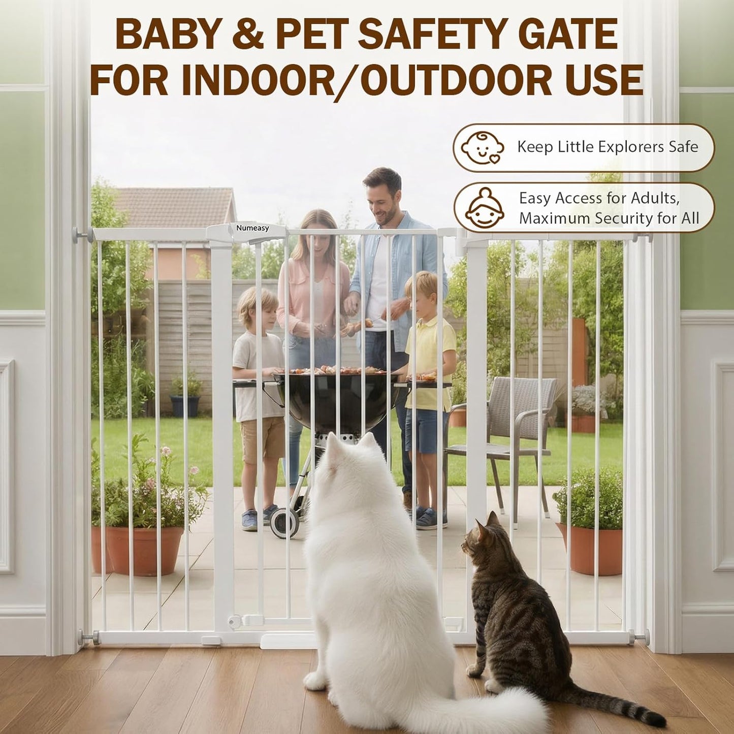 Mumeasy 29.7-57" Extra Wide Baby Gate for Doorways, Auto Close Dog Gate Indoor for Stairs, No-Drill Pressure Mounted Pet Gate with Door, Easy Walk Thru Long&Large Safety Gate for House, Outdoor, White