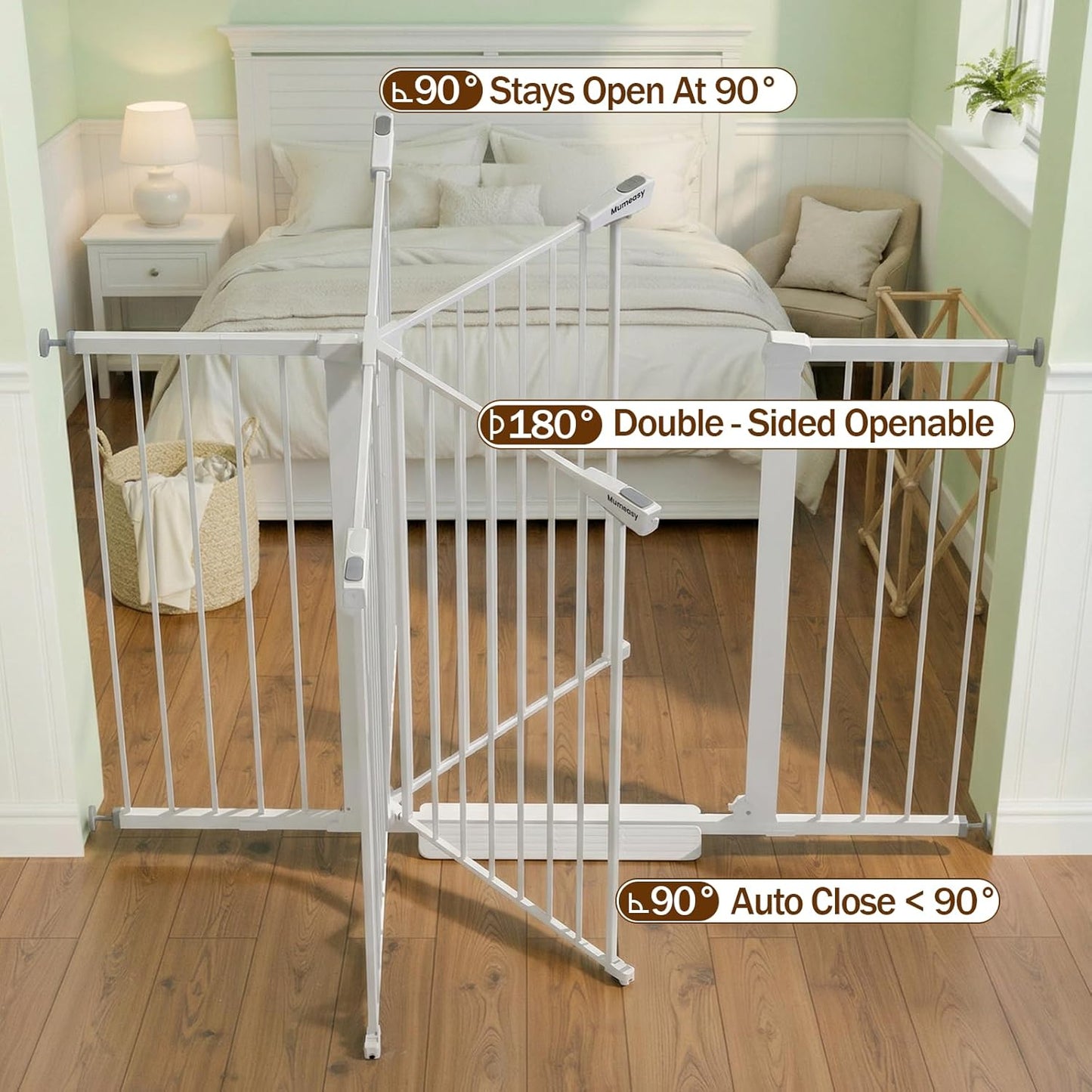 Mumeasy 29.7-57" Extra Wide Baby Gate for Doorways, Auto Close Dog Gate Indoor for Stairs, No-Drill Pressure Mounted Pet Gate with Door, Easy Walk Thru Long&Large Safety Gate for House, Outdoor, White