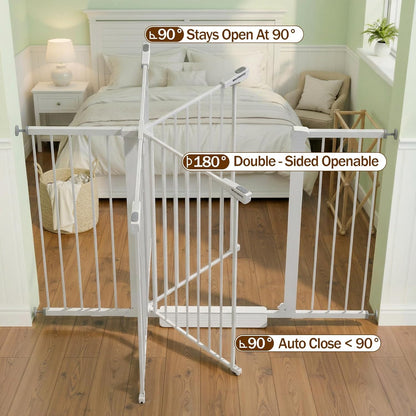 Mumeasy 29.7-57" Extra Wide Baby Gate for Doorways, Auto Close Dog Gate Indoor for Stairs, No-Drill Pressure Mounted Pet Gate with Door, Easy Walk Thru Long&Large Safety Gate for House, Outdoor, White