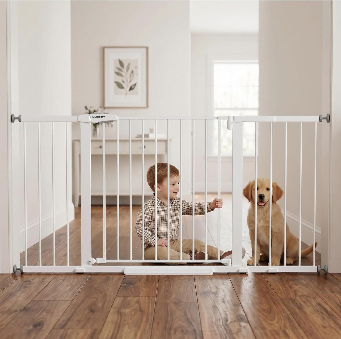 Mumeasy 29.7-57" Extra Wide Baby Gate for Doorways, Auto Close Dog Gate Indoor for Stairs, No-Drill Pressure Mounted Pet Gate with Door, Easy Walk Thru Long&Large Safety Gate for House, Outdoor, White