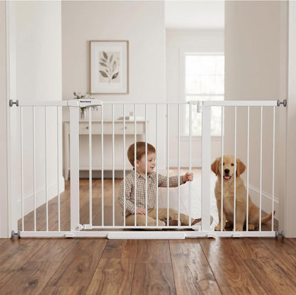 Mumeasy 29.7-57" Extra Wide Baby Gate for Doorways, Auto Close Dog Gate Indoor for Stairs, No-Drill Pressure Mounted Pet Gate with Door, Easy Walk Thru Long&Large Safety Gate for House, Outdoor, White