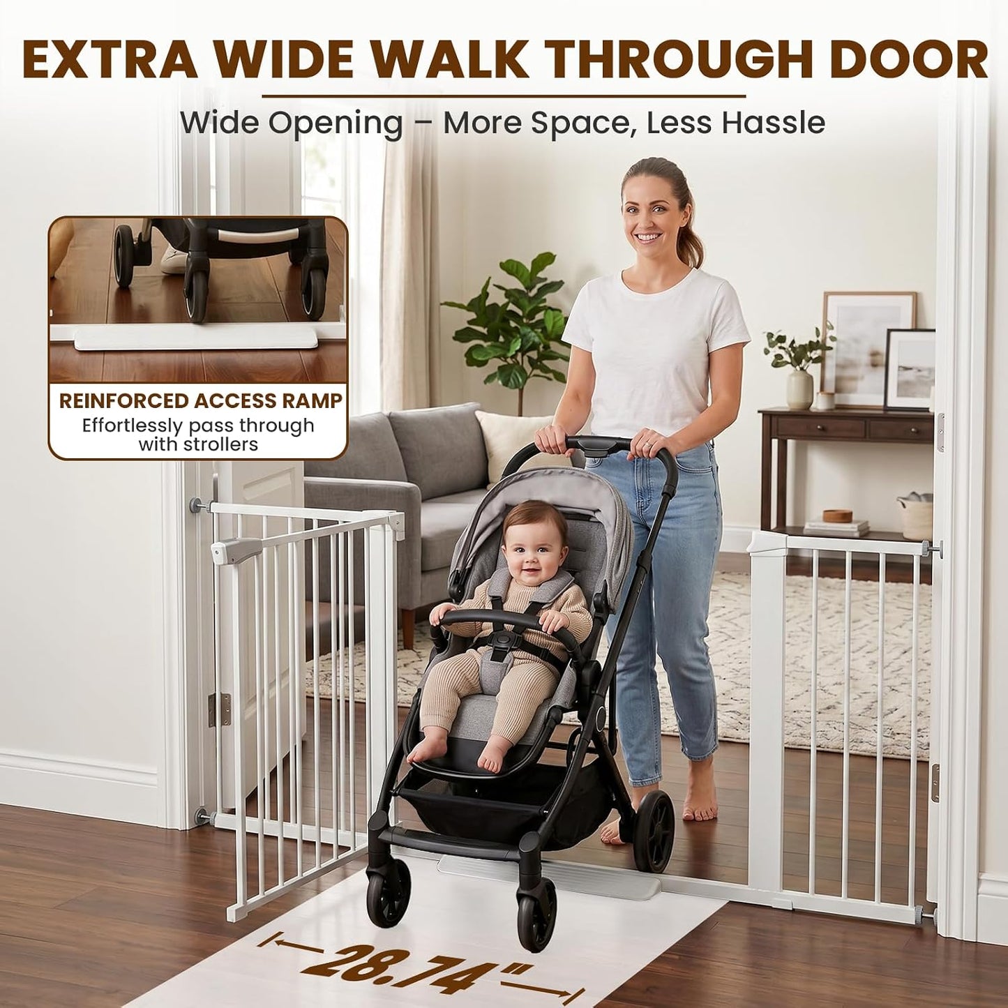 Mumeasy 29.7-57" Extra Wide Baby Gate for Doorways, Auto Close Dog Gate Indoor for Stairs, No-Drill Pressure Mounted Pet Gate with Door, Easy Walk Thru Long&Large Safety Gate for House, Outdoor, White