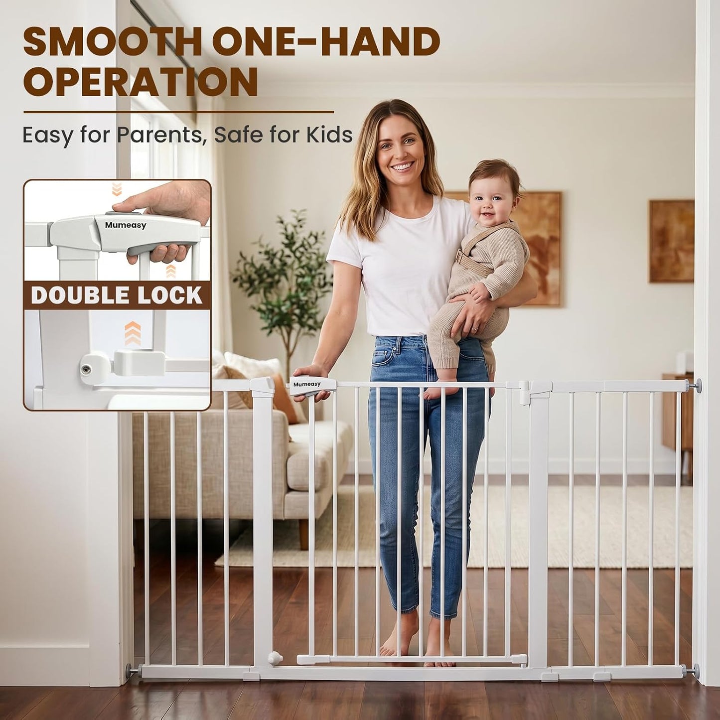 Mumeasy 29.7-57" Extra Wide Baby Gate for Doorways, Auto Close Dog Gate Indoor for Stairs, No-Drill Pressure Mounted Pet Gate with Door, Easy Walk Thru Long&Large Safety Gate for House, Outdoor, White