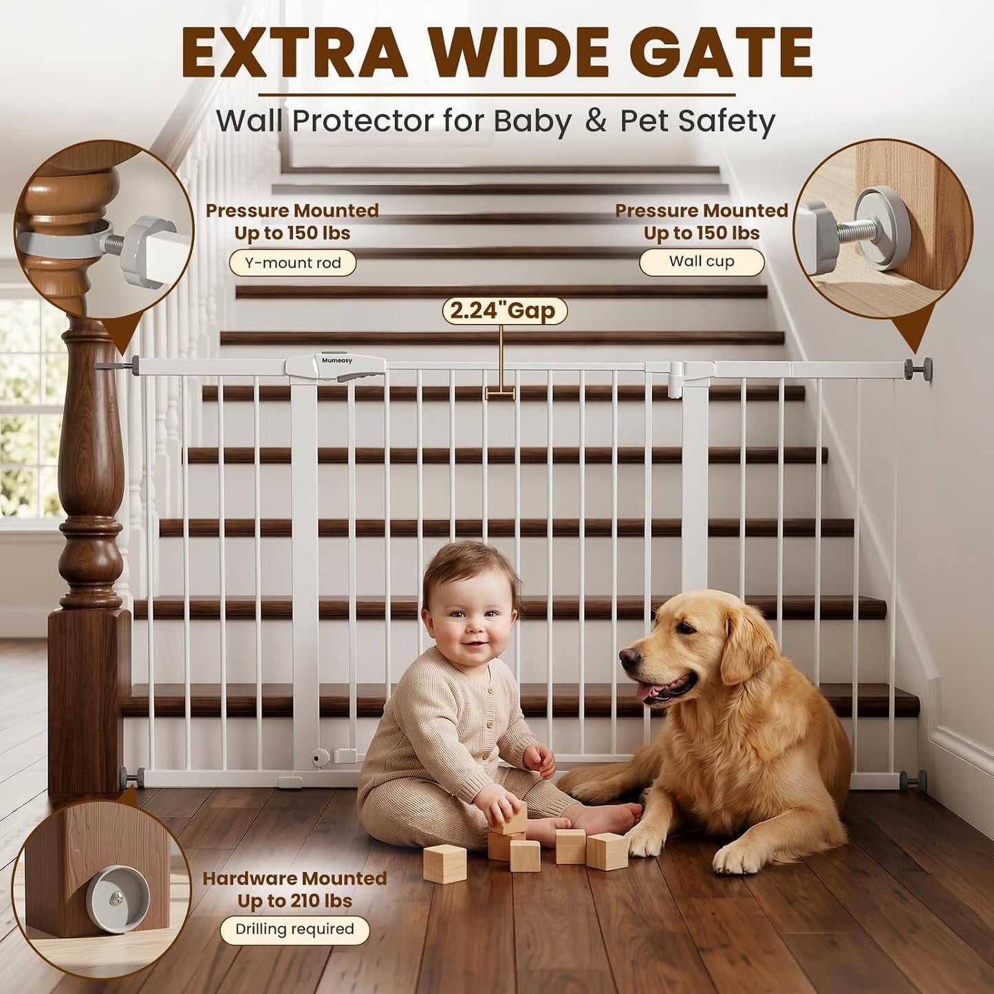 Mumeasy 29.7-57" Extra Wide Baby Gate for Doorways, Auto Close Dog Gate Indoor for Stairs, No-Drill Pressure Mounted Pet Gate with Door, Easy Walk Thru Long&Large Safety Gate for House, Outdoor, White
