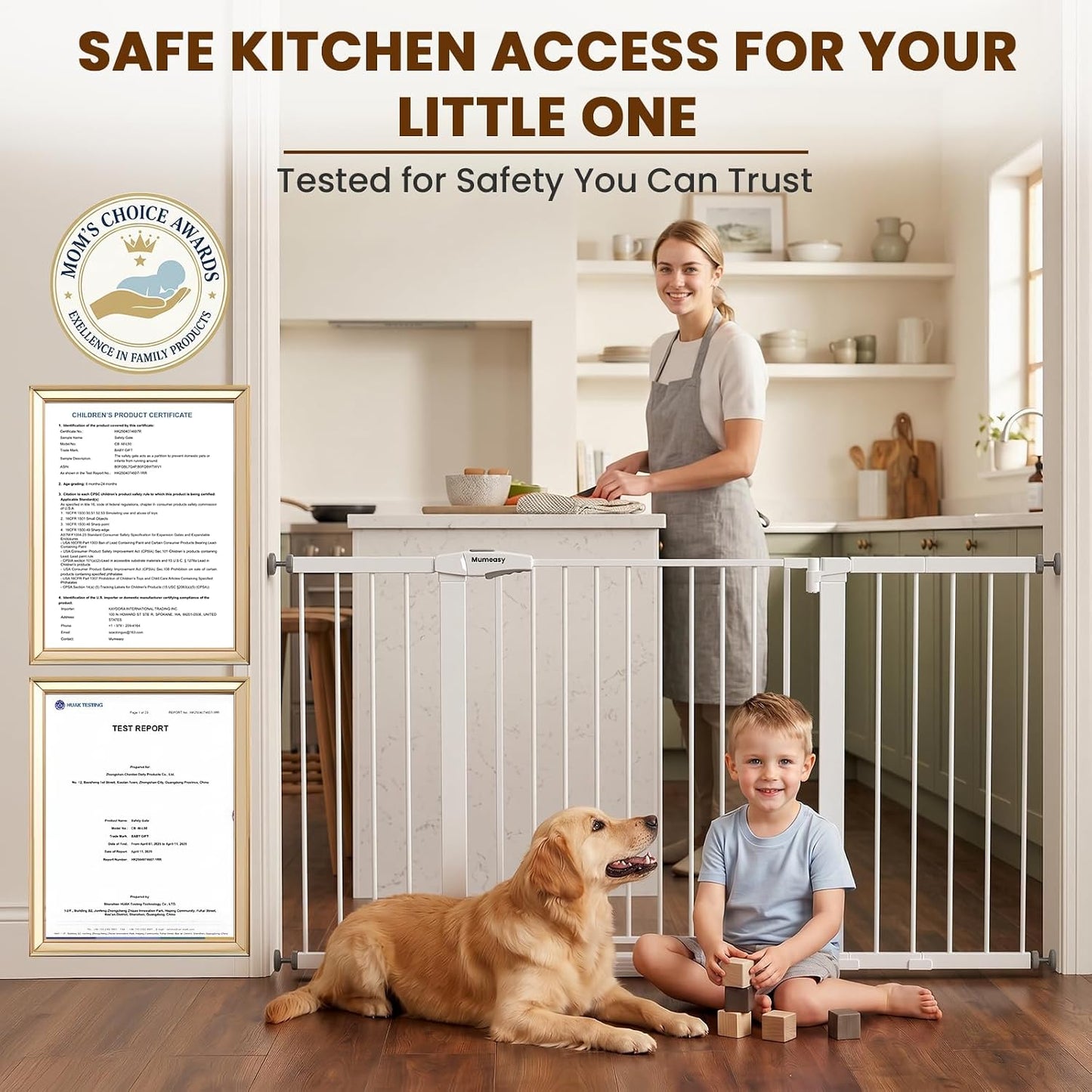 Mumeasy 29.7-57" Extra Wide Baby Gate for Doorways, Auto Close Dog Gate Indoor for Stairs, No-Drill Pressure Mounted Pet Gate with Door, Easy Walk Thru Long&Large Safety Gate for House, Outdoor, White