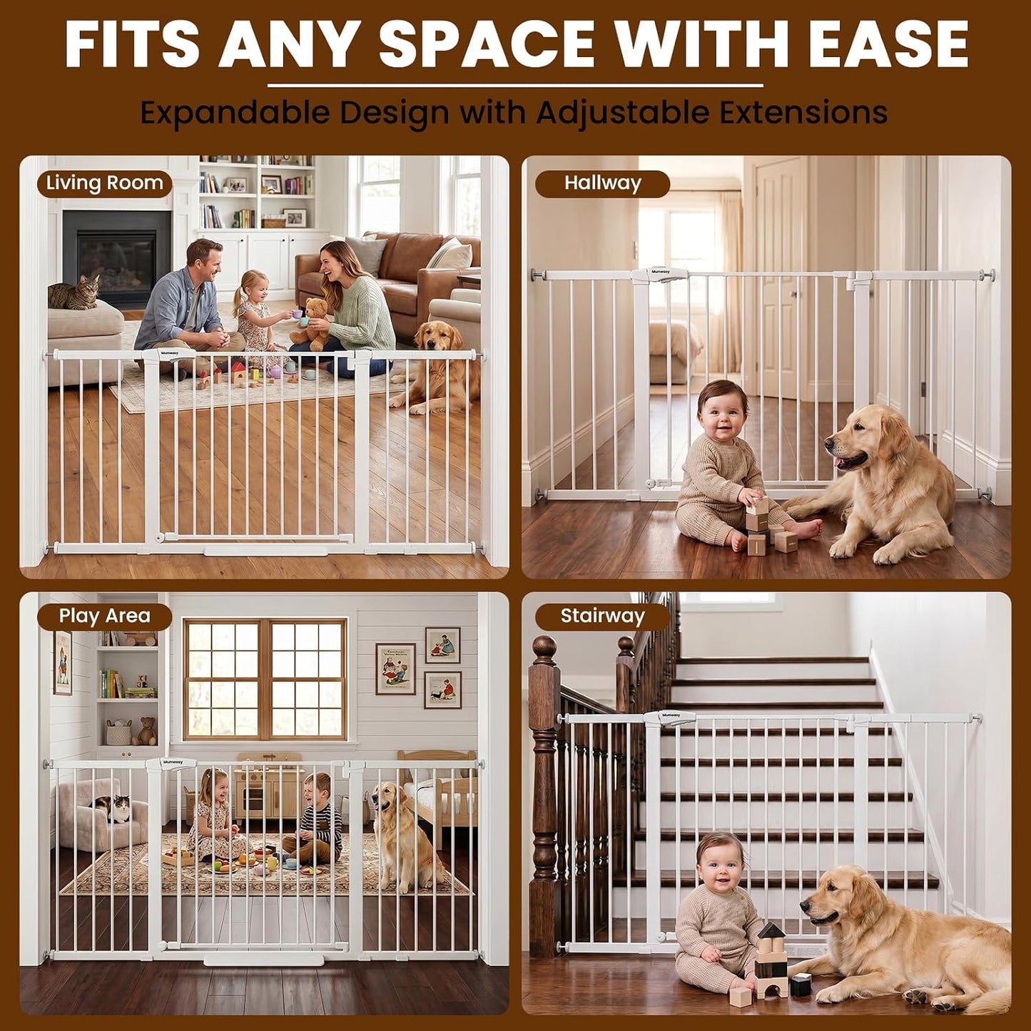 Mumeasy 29.7-57" Extra Wide Baby Gate for Doorways, Auto Close Dog Gate Indoor for Stairs, No-Drill Pressure Mounted Pet Gate with Door, Easy Walk Thru Long&Large Safety Gate for House, Outdoor, White