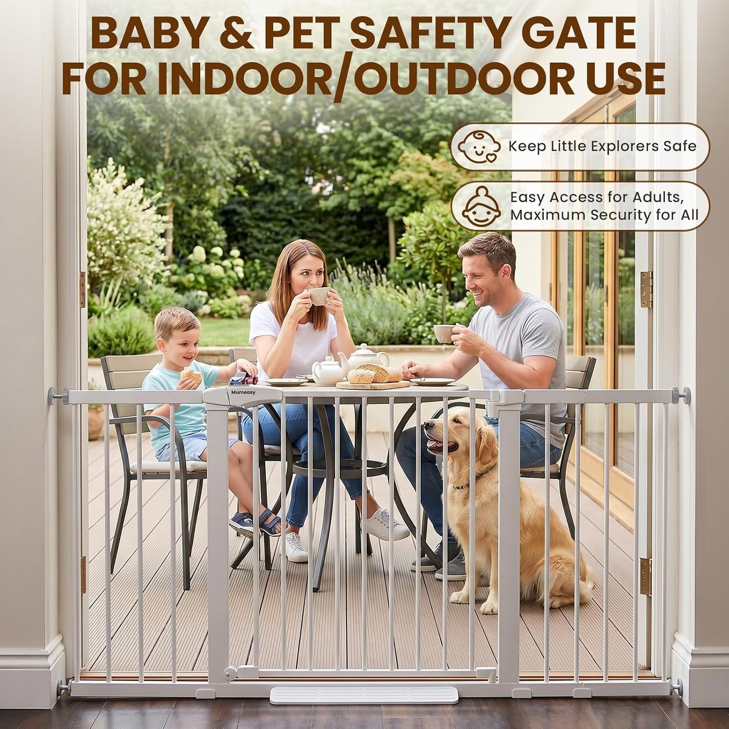 Mumeasy 29.7-57" Extra Wide Baby Gate for Doorways, Auto Close Dog Gate Indoor for Stairs, No-Drill Pressure Mounted Pet Gate with Door, Easy Walk Thru Long&Large Safety Gate for House, Outdoor, White