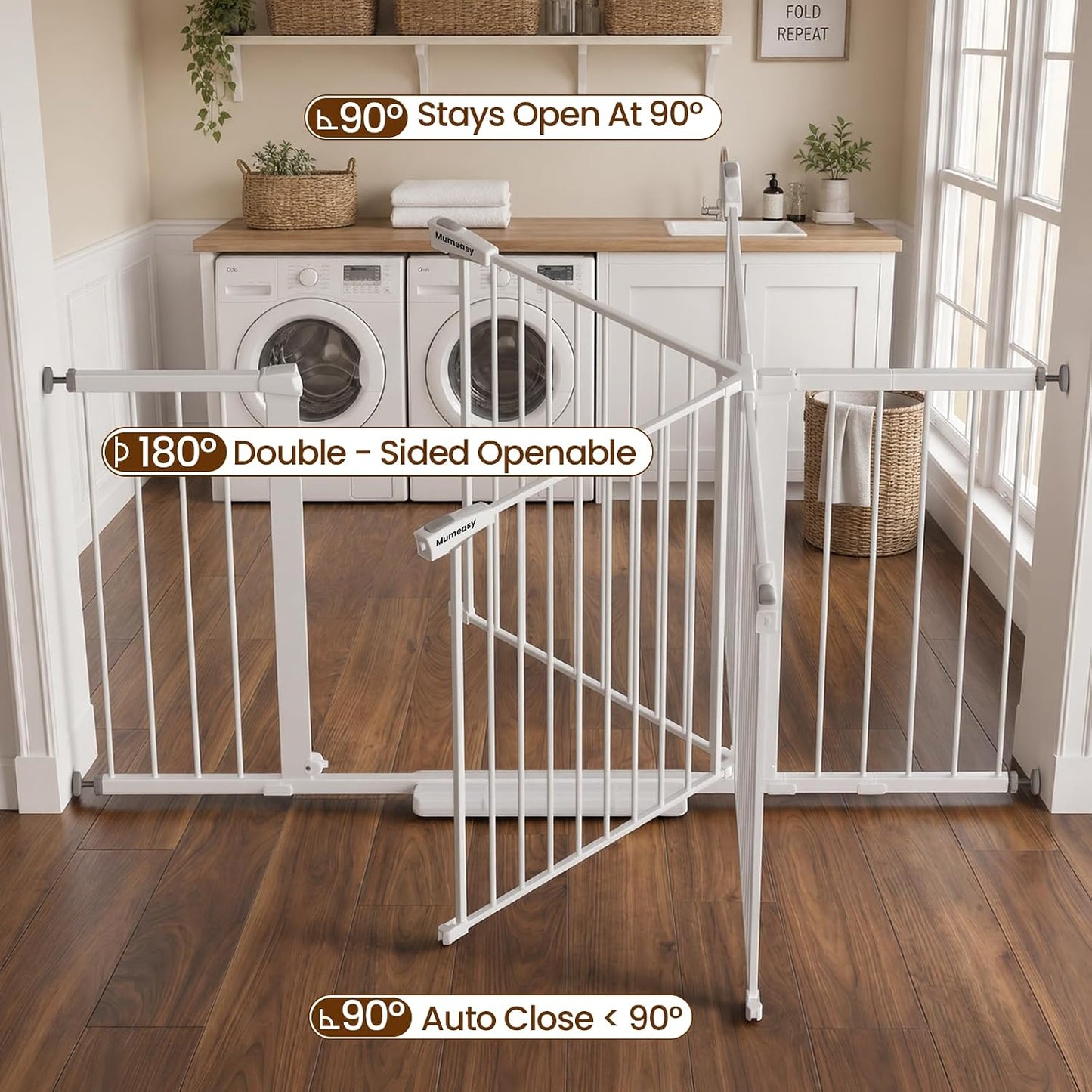 Mumeasy 29.7-57" Extra Wide Baby Gate for Doorways, Auto Close Dog Gate Indoor for Stairs, No-Drill Pressure Mounted Pet Gate with Door, Easy Walk Thru Long&Large Safety Gate for House, Outdoor, White