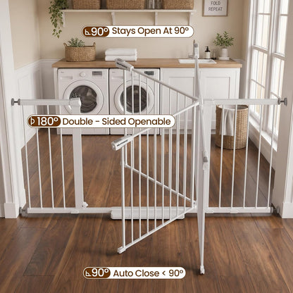 Mumeasy 29.7-57" Extra Wide Baby Gate for Doorways, Auto Close Dog Gate Indoor for Stairs, No-Drill Pressure Mounted Pet Gate with Door, Easy Walk Thru Long&Large Safety Gate for House, Outdoor, White