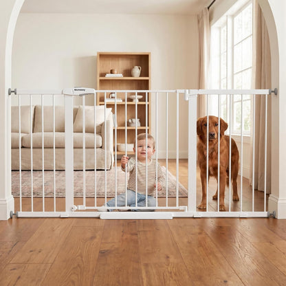 Mumeasy 29.7-57" Extra Wide Baby Gate for Doorways, Auto Close Dog Gate Indoor for Stairs, No-Drill Pressure Mounted Pet Gate with Door, Easy Walk Thru Long&Large Safety Gate for House, Outdoor, White