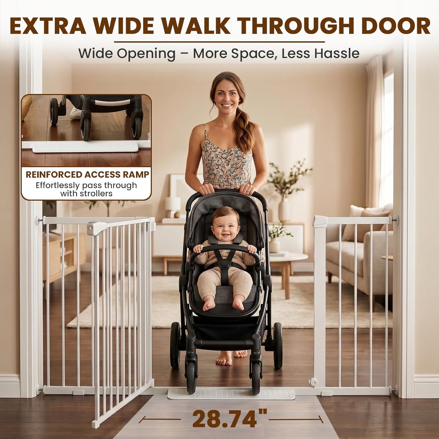 Mumeasy 29.7-57" Extra Wide Baby Gate for Doorways, Auto Close Dog Gate Indoor for Stairs, No-Drill Pressure Mounted Pet Gate with Door, Easy Walk Thru Long&Large Safety Gate for House, Outdoor, White