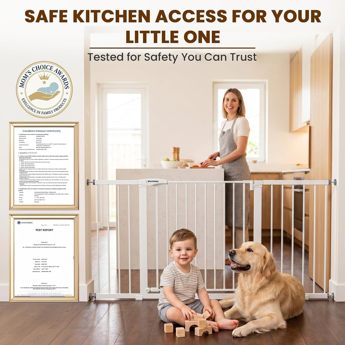 Mumeasy 29.7-57" Extra Wide Baby Gate for Doorways, Auto Close Dog Gate Indoor for Stairs, No-Drill Pressure Mounted Pet Gate with Door, Easy Walk Thru Long&Large Safety Gate for House, Outdoor, White