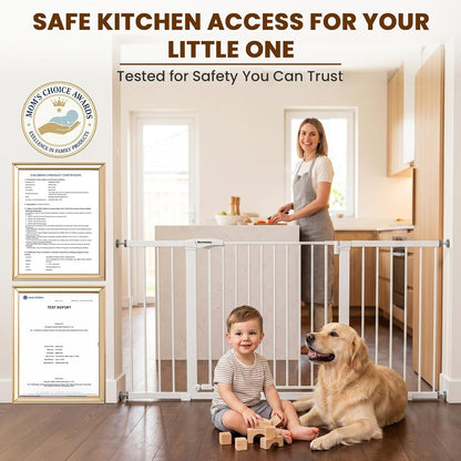 Mumeasy 29.7-57" Extra Wide Baby Gate for Doorways, Auto Close Dog Gate Indoor for Stairs, No-Drill Pressure Mounted Pet Gate with Door, Easy Walk Thru Long&Large Safety Gate for House, Outdoor, White