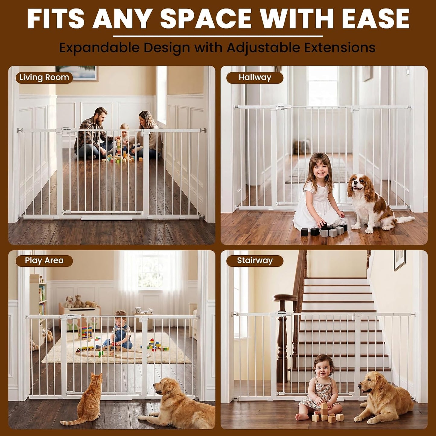 Mumeasy 29.7-57" Extra Wide Baby Gate for Doorways, Auto Close Dog Gate Indoor for Stairs, No-Drill Pressure Mounted Pet Gate with Door, Easy Walk Thru Long&Large Safety Gate for House, Outdoor, White
