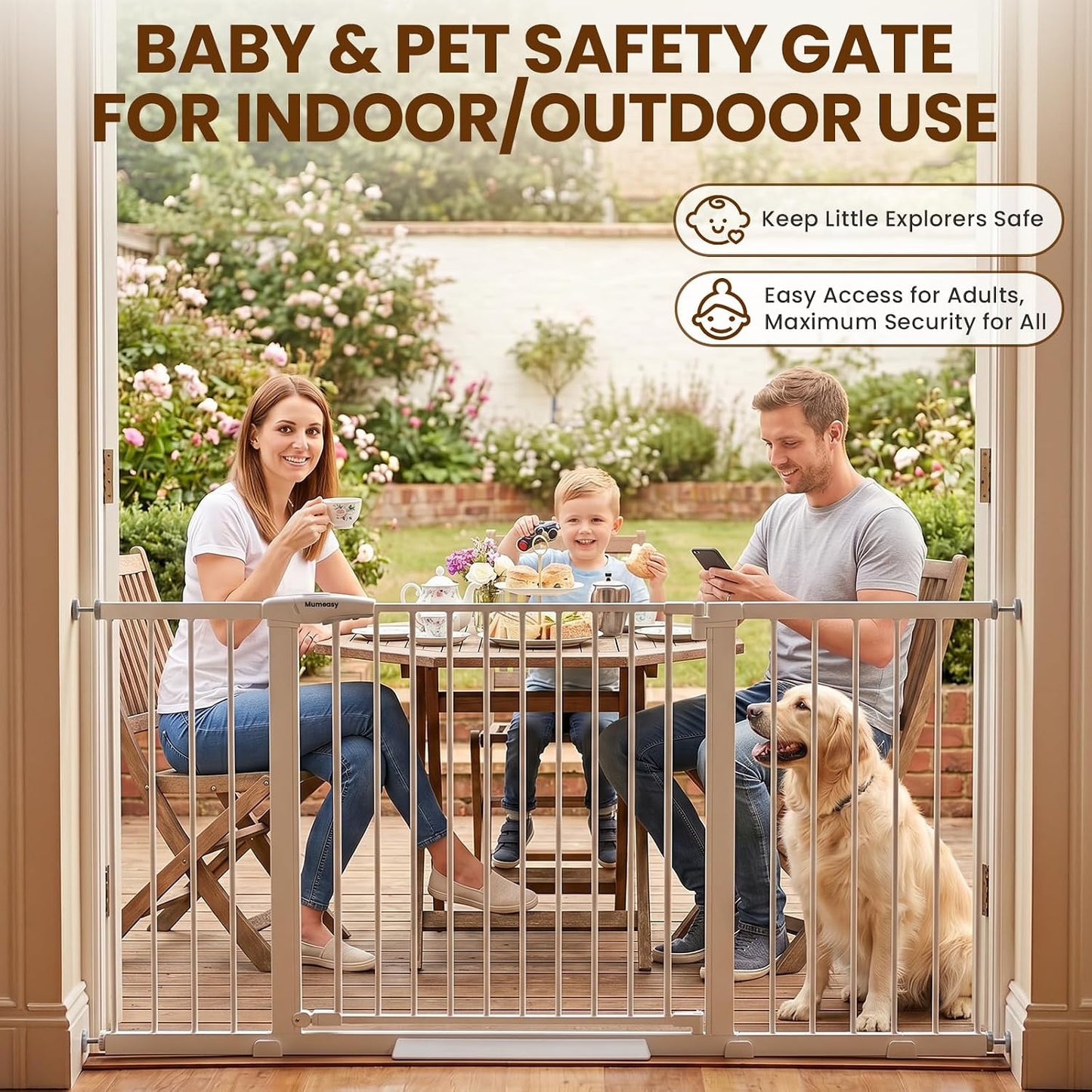 Mumeasy 29.7-57" Extra Wide Baby Gate for Doorways, Auto Close Dog Gate Indoor for Stairs, No-Drill Pressure Mounted Pet Gate with Door, Easy Walk Thru Long&Large Safety Gate for House, Outdoor, White
