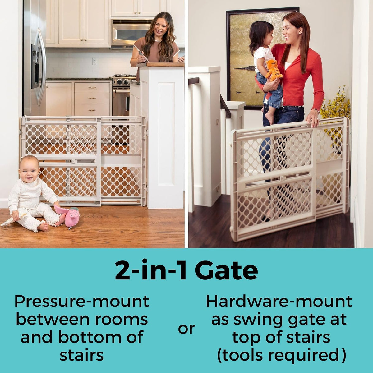 Supergate Ergo Baby Gate: Plastic Baby Gate for Stairs & Doorways - Adjustable Indoor Safety Gate - Made in USA - 26 to 42 Inches Wide - 26 Inches Tall - Sand