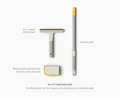 CleanTech 3pc Pet Hair Cleaning Tool Set, Manual Rake for Carpet, Upholstery & Furniture with Extension Pole