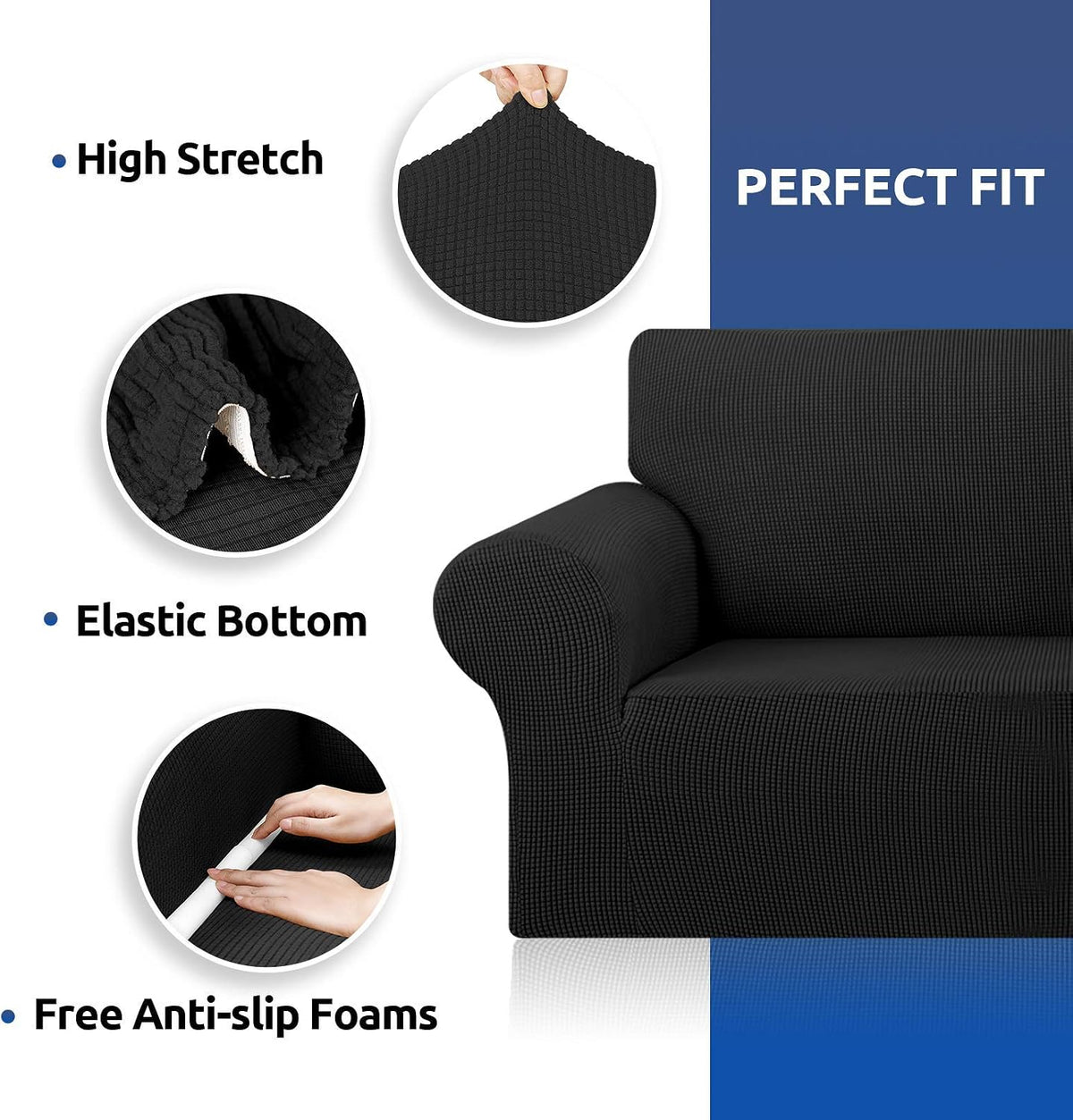Stretch Couch Covers for Sofa, 3 Cushion Couch Slipcover,Black | 1-Piece Washable Sofa Cover Pet Friendly(78"-94") Furniture Protector Soft Jacquard, Elastic Bottom for Dogs & Kids