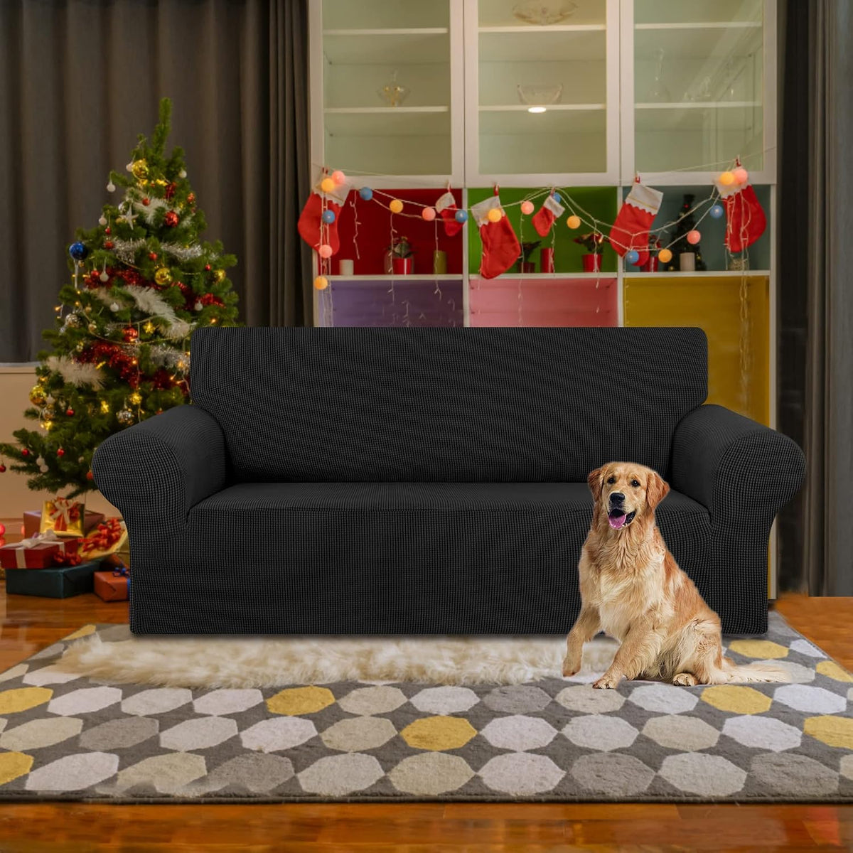 Stretch Couch Covers for Sofa, 3 Cushion Couch Slipcover,Black | 1-Piece Washable Sofa Cover Pet Friendly(78"-94") Furniture Protector Soft Jacquard, Elastic Bottom for Dogs & Kids