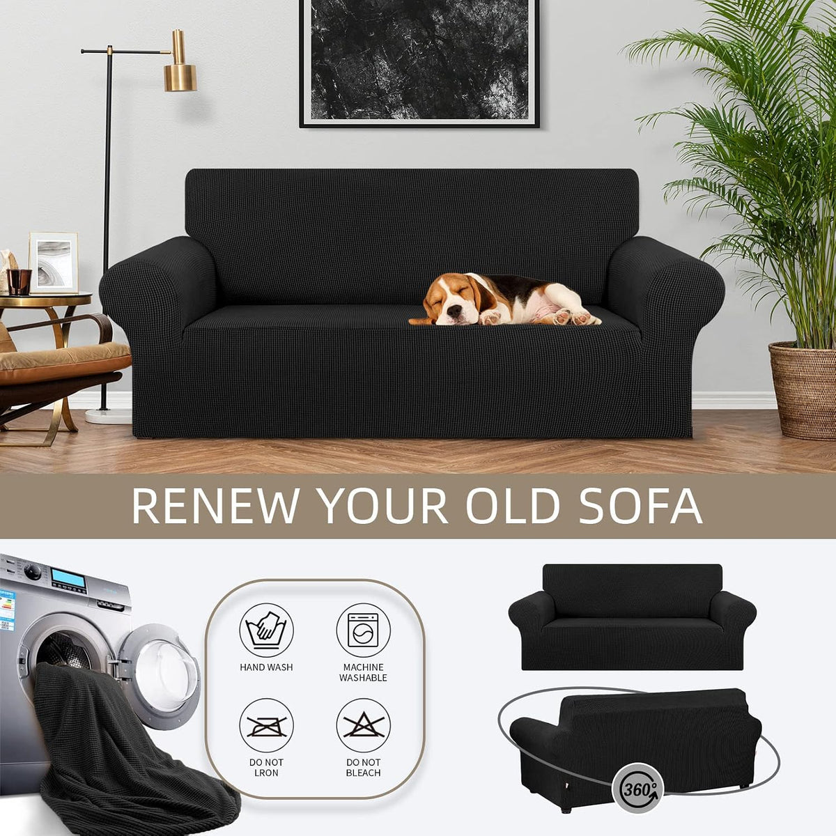 Stretch Couch Covers for Sofa, 3 Cushion Couch Slipcover,Black | 1-Piece Washable Sofa Cover Pet Friendly(78"-94") Furniture Protector Soft Jacquard, Elastic Bottom for Dogs & Kids