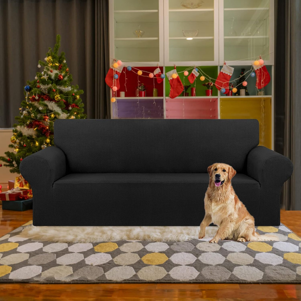 Stretch Couch Covers for Sofa, 3 Cushion Couch Slipcover,Black | 1-Piece Washable Sofa Cover Pet Friendly(78"-94") Furniture Protector Soft Jacquard, Elastic Bottom for Dogs & Kids