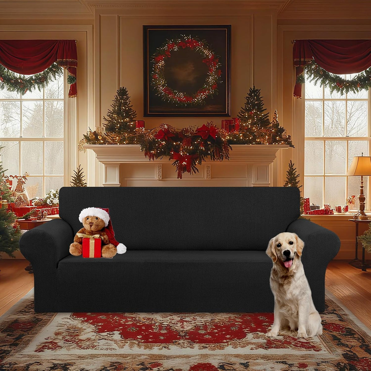 Stretch Couch Covers for Sofa, 3 Cushion Couch Slipcover,Black | 1-Piece Washable Sofa Cover Pet Friendly(78"-94") Furniture Protector Soft Jacquard, Elastic Bottom for Dogs & Kids