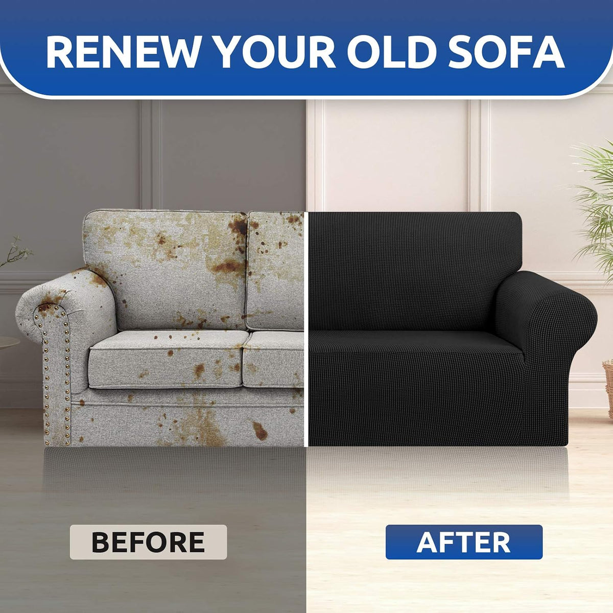 Stretch Couch Covers for Sofa, 3 Cushion Couch Slipcover,Black | 1-Piece Washable Sofa Cover Pet Friendly(78"-94") Furniture Protector Soft Jacquard, Elastic Bottom for Dogs & Kids