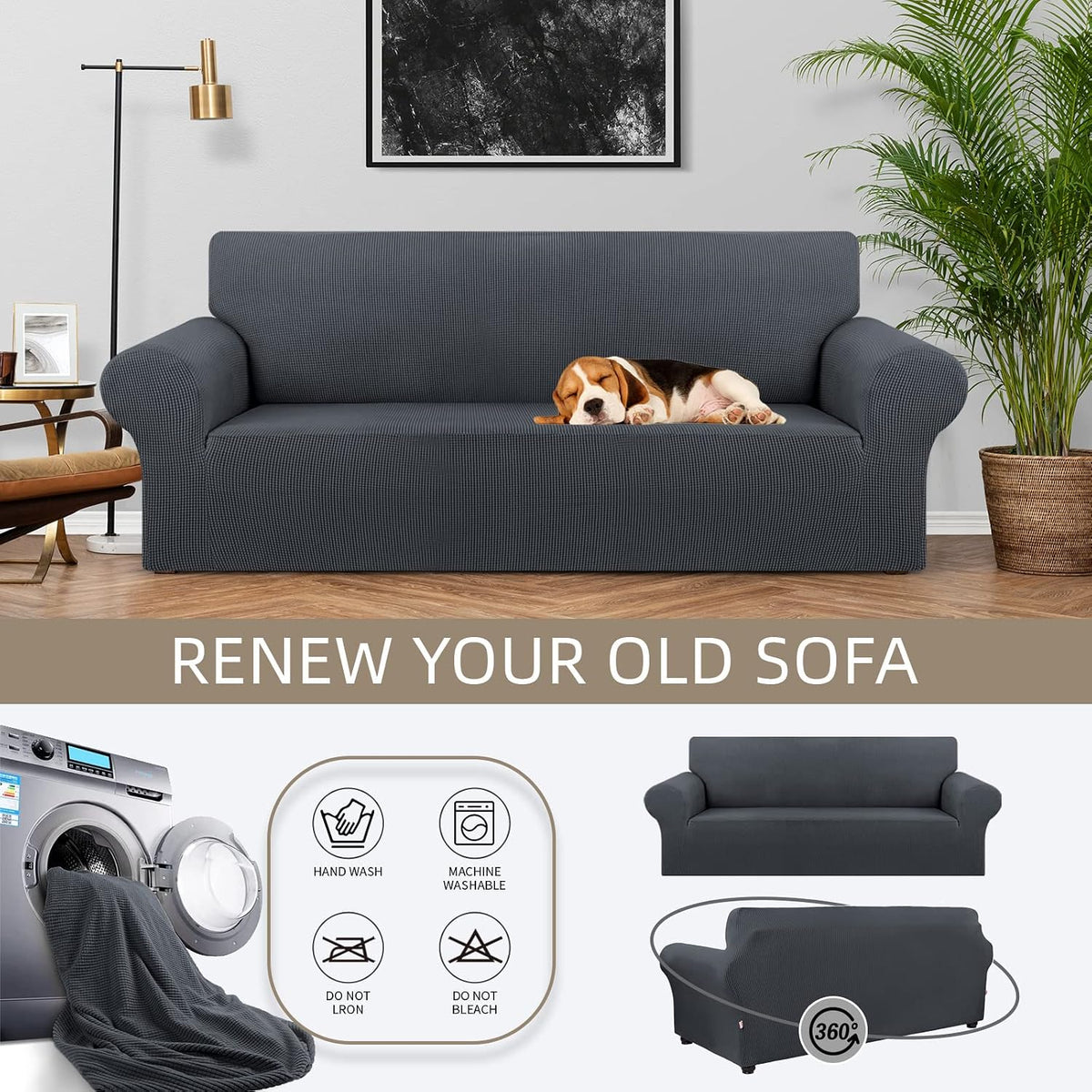Stretch Couch Covers for Sofa, 3 Cushion Couch Slipcover,Black | 1-Piece Washable Sofa Cover Pet Friendly(78"-94") Furniture Protector Soft Jacquard, Elastic Bottom for Dogs & Kids