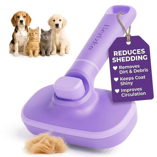 Self Cleaning Slicker Brush for Dogs and Cats - Pet Hair Brush for Shedding Long and Short Hair - Easy Clean Retractable Bristles - Cat and Dog Grooming Tool - Purple