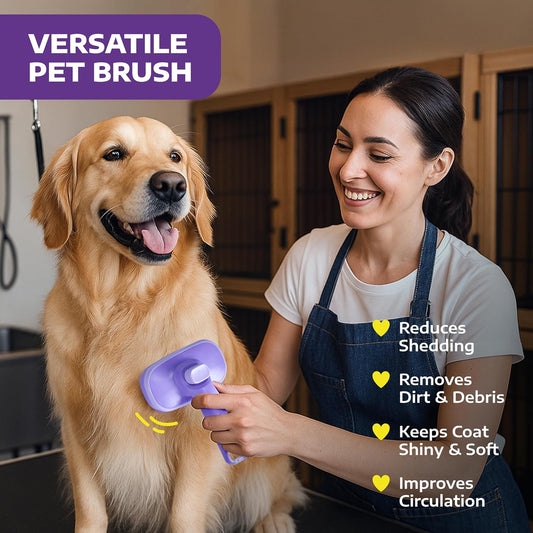 Self Cleaning Slicker Brush for Dogs and Cats - Pet Hair Brush for Shedding Long and Short Hair - Easy Clean Retractable Bristles - Cat and Dog Grooming Tool - Purple