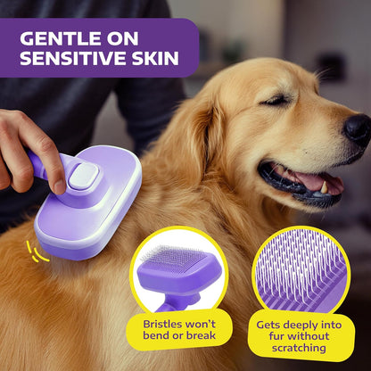 Self Cleaning Slicker Brush for Dogs and Cats - Pet Hair Brush for Shedding Long and Short Hair - Easy Clean Retractable Bristles - Cat and Dog Grooming Tool - Purple