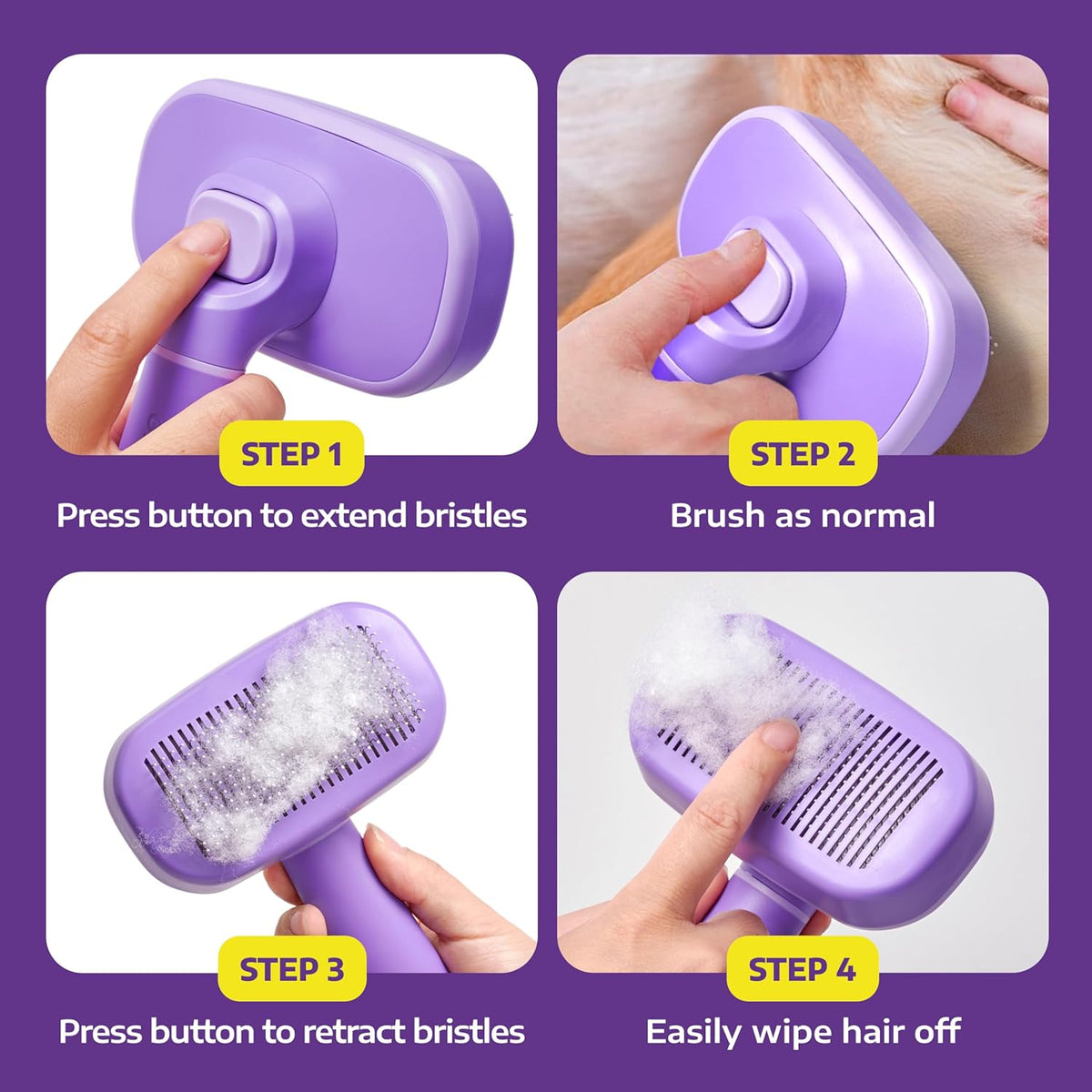 Self Cleaning Slicker Brush for Dogs and Cats - Pet Hair Brush for Shedding Long and Short Hair - Easy Clean Retractable Bristles - Cat and Dog Grooming Tool - Purple