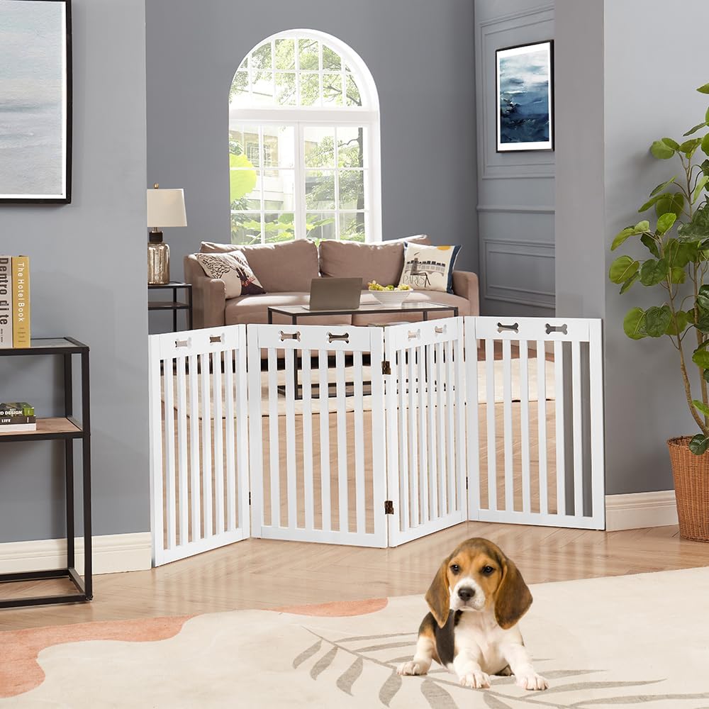 36”H Free Standing Pet Gate for Dog, Tall Wooden Dog Gate, 80” Wide | Foldable Pet Fence for Doorway, Stairs, Step, Expandable Doggy Barrier, Room Divider, Indoor Use, White
