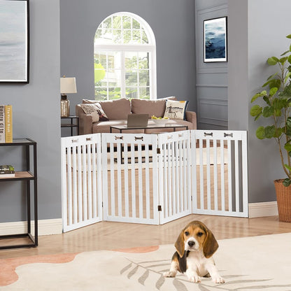 36”H Free Standing Pet Gate for Dog, Tall Wooden Dog Gate, 80” Wide | Foldable Pet Fence for Doorway, Stairs, Step, Expandable Doggy Barrier, Room Divider, Indoor Use, White