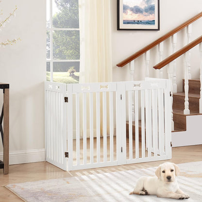 36”H Free Standing Pet Gate for Dog, Tall Wooden Dog Gate, 80” Wide | Foldable Pet Fence for Doorway, Stairs, Step, Expandable Doggy Barrier, Room Divider, Indoor Use, White