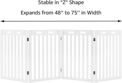 36”H Free Standing Pet Gate for Dog, Tall Wooden Dog Gate, 80” Wide | Foldable Pet Fence for Doorway, Stairs, Step, Expandable Doggy Barrier, Room Divider, Indoor Use, White