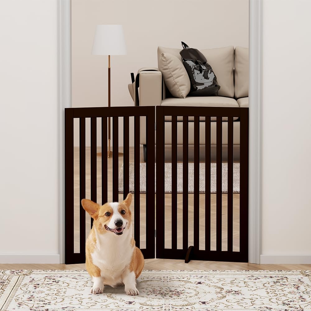 36”H Free Standing Pet Gate for Dog, Tall Wooden Dog Gate, 80” Wide | Foldable Pet Fence for Doorway, Stairs, Step, Expandable Doggy Barrier, Room Divider, Indoor Use, White
