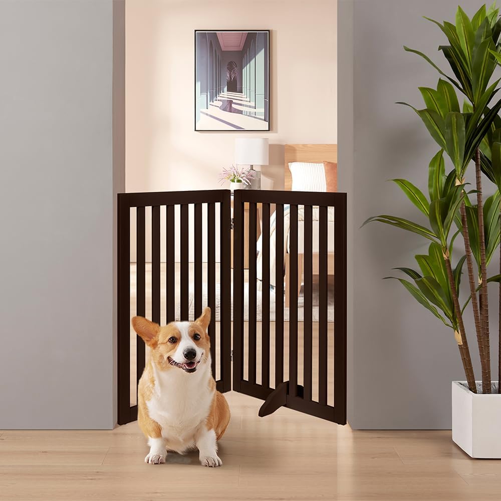 36”H Free Standing Pet Gate for Dog, Tall Wooden Dog Gate, 80” Wide | Foldable Pet Fence for Doorway, Stairs, Step, Expandable Doggy Barrier, Room Divider, Indoor Use, White