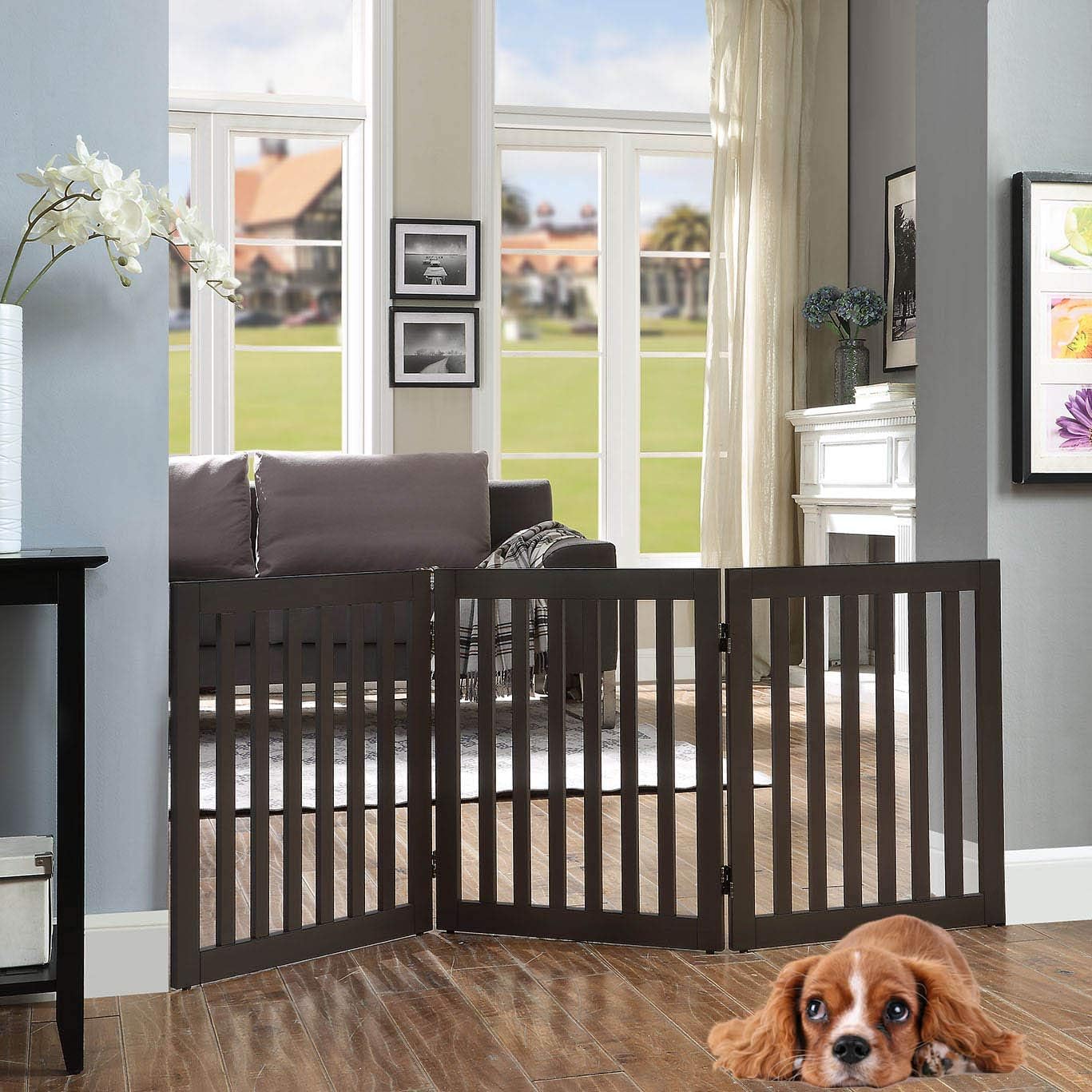 36”H Free Standing Pet Gate for Dog, Tall Wooden Dog Gate, 80” Wide | Foldable Pet Fence for Doorway, Stairs, Step, Expandable Doggy Barrier, Room Divider, Indoor Use, White