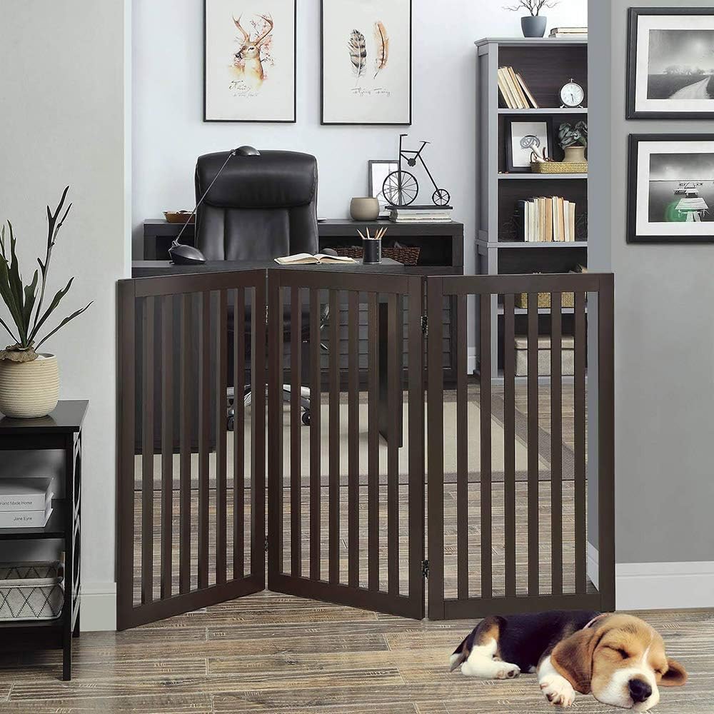 36”H Free Standing Pet Gate for Dog, Tall Wooden Dog Gate, 80” Wide | Foldable Pet Fence for Doorway, Stairs, Step, Expandable Doggy Barrier, Room Divider, Indoor Use, White