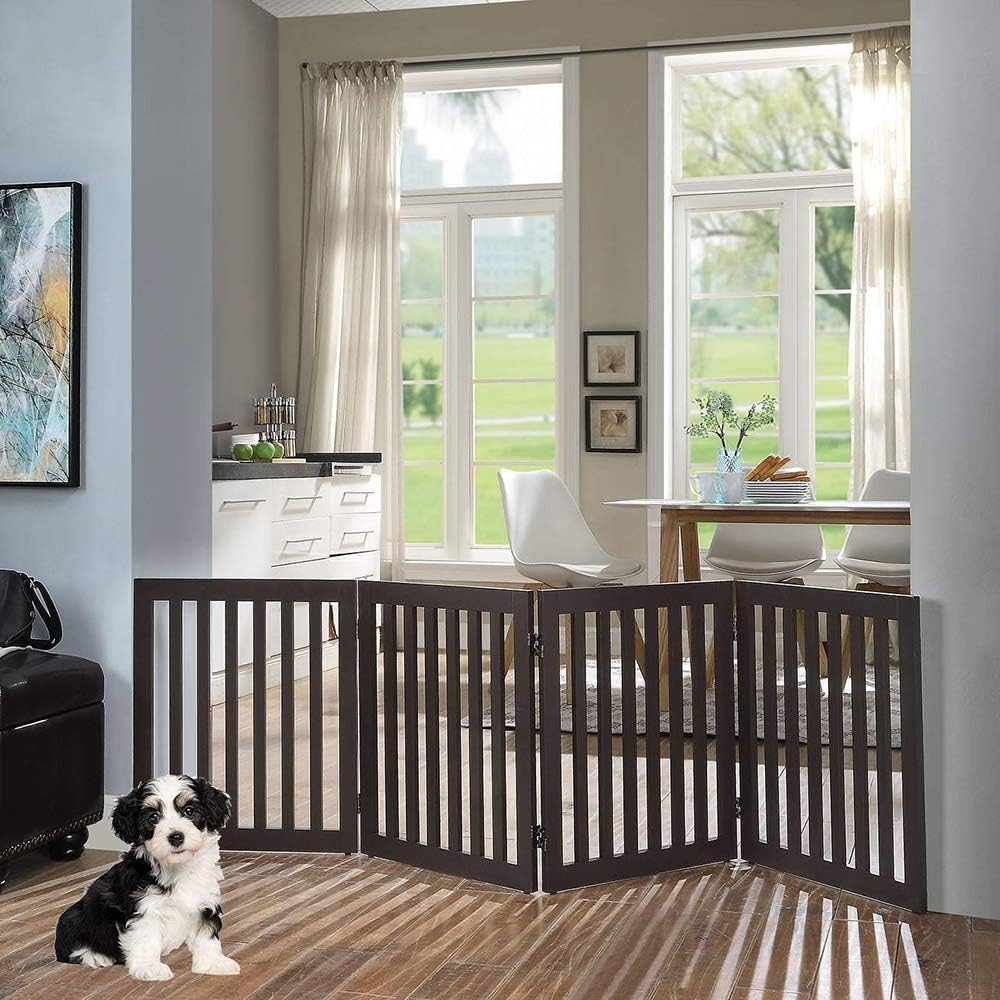 36”H Free Standing Pet Gate for Dog, Tall Wooden Dog Gate, 80” Wide | Foldable Pet Fence for Doorway, Stairs, Step, Expandable Doggy Barrier, Room Divider, Indoor Use, White