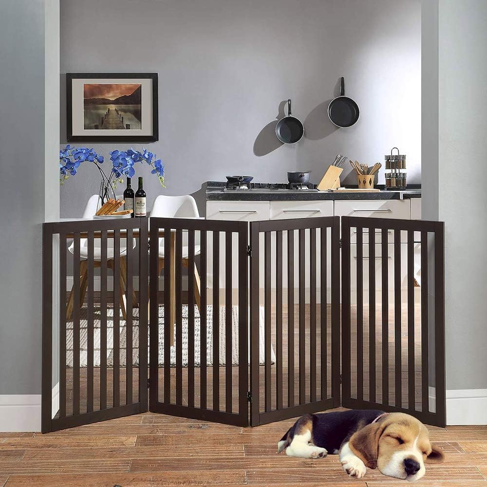 36”H Free Standing Pet Gate for Dog, Tall Wooden Dog Gate, 80” Wide | Foldable Pet Fence for Doorway, Stairs, Step, Expandable Doggy Barrier, Room Divider, Indoor Use, White