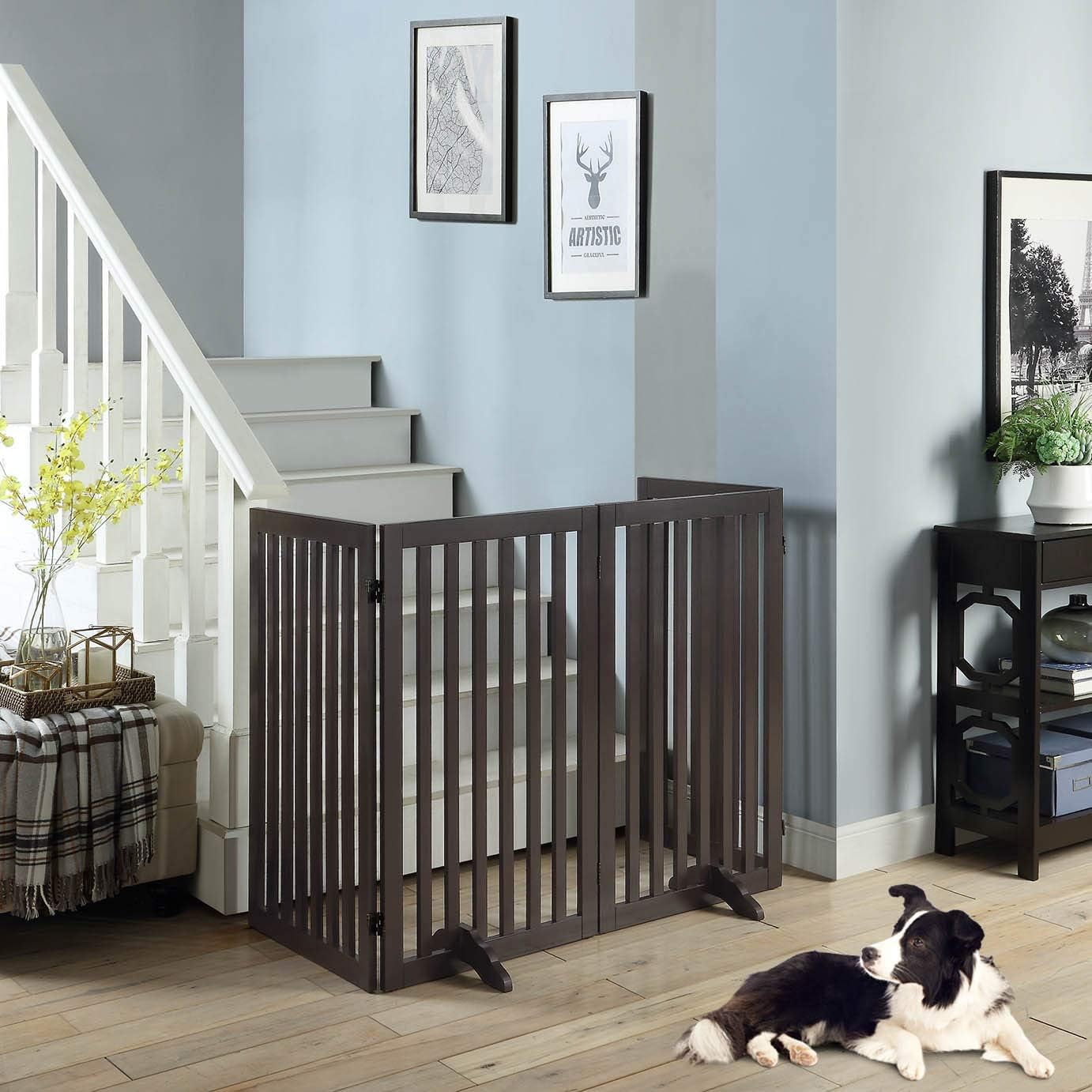 36”H Free Standing Pet Gate for Dog, Tall Wooden Dog Gate, 80” Wide | Foldable Pet Fence for Doorway, Stairs, Step, Expandable Doggy Barrier, Room Divider, Indoor Use, White